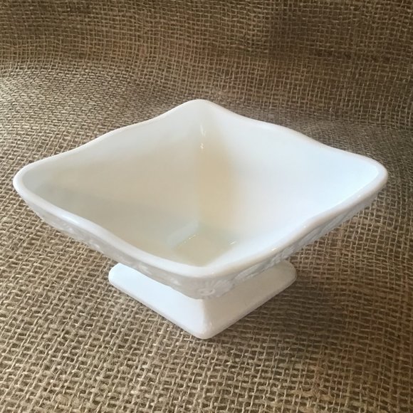 Vintage Milk Glass Floral Pedestal Bowl - Diamond Shape - Picture 6 of 6